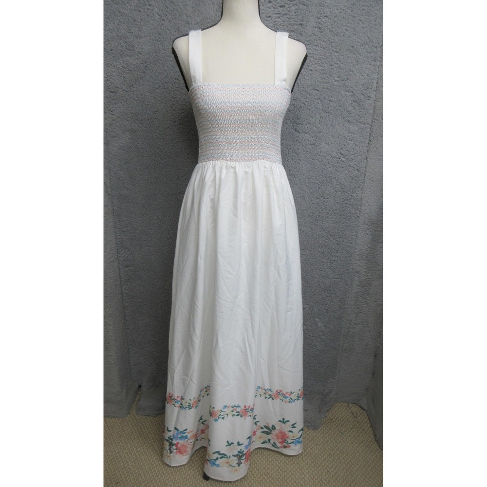 Sweet Generis Smocked Floral Maxi Dress Women M White Cottagecore Prairie Spring